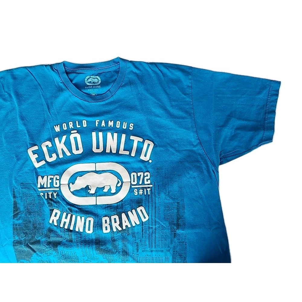 ECKŌ UNLTD Men's 2XL MMA Rhino Brand Graphic Tee Blue Streetwear‎ City S#it Y2K
